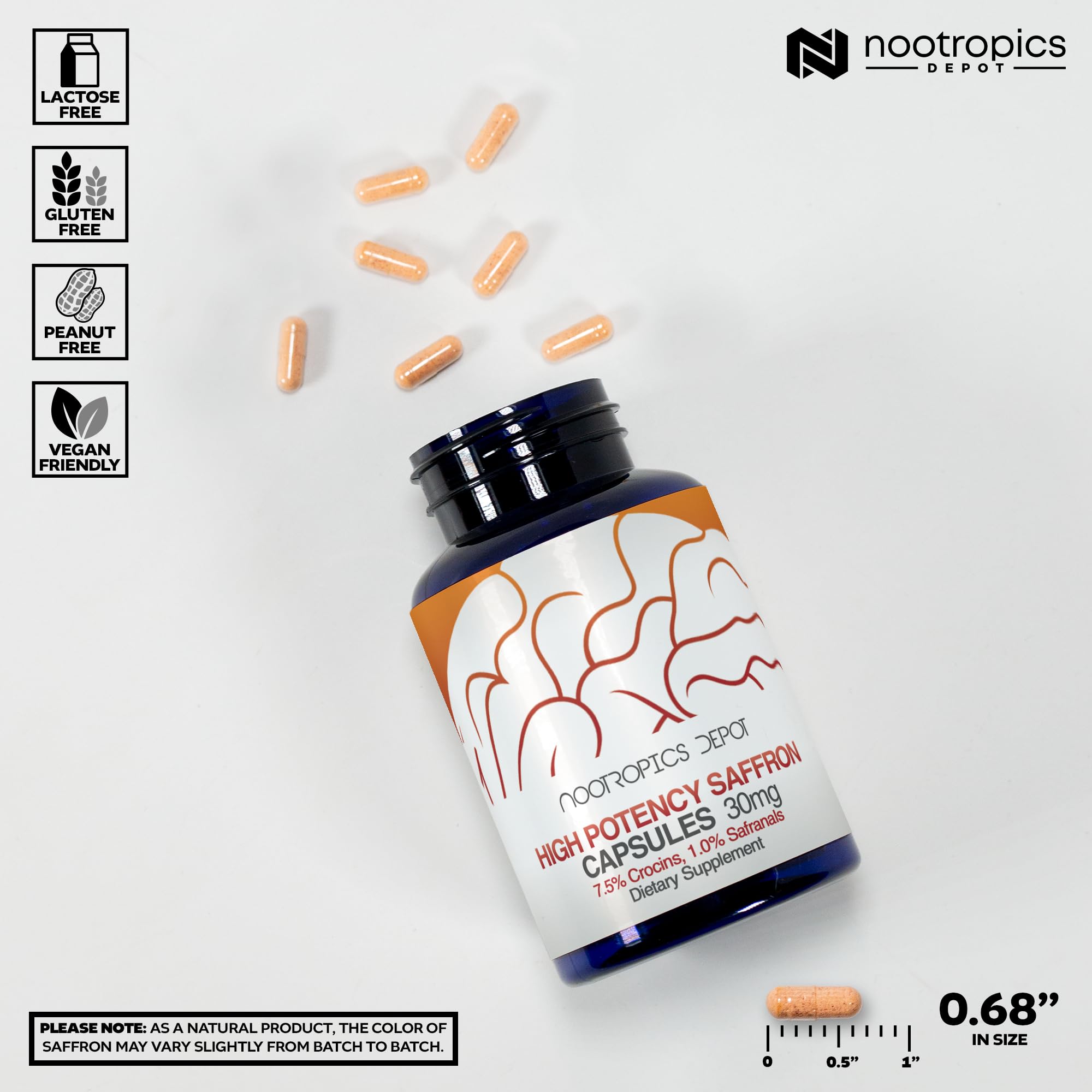 Nootropics Depot saffron extract pack-shot showcasing high potency saffron capsules.