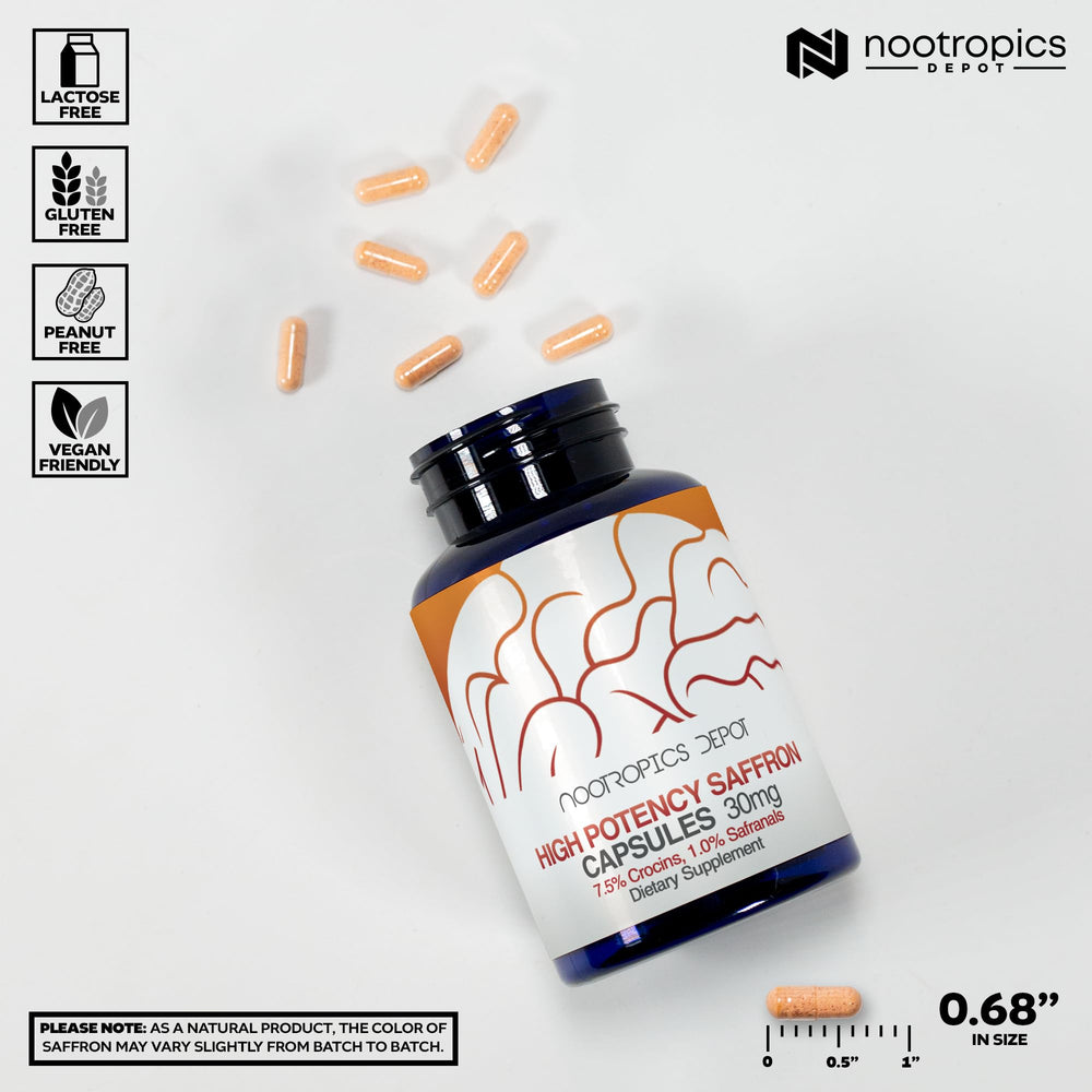 Nootropics Depot saffron extract pack-shot showcasing high potency saffron capsules.