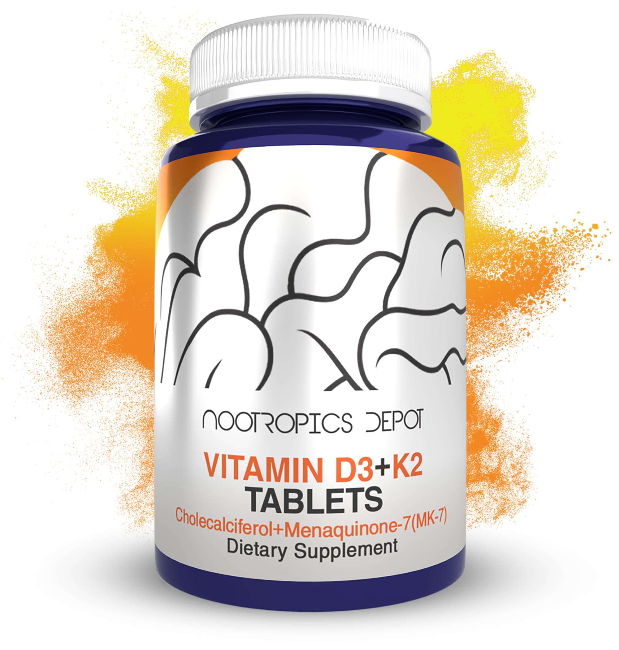 Nootropics Depot Vitamin D3 + K2 + C bottle, 365-count, for daily use.