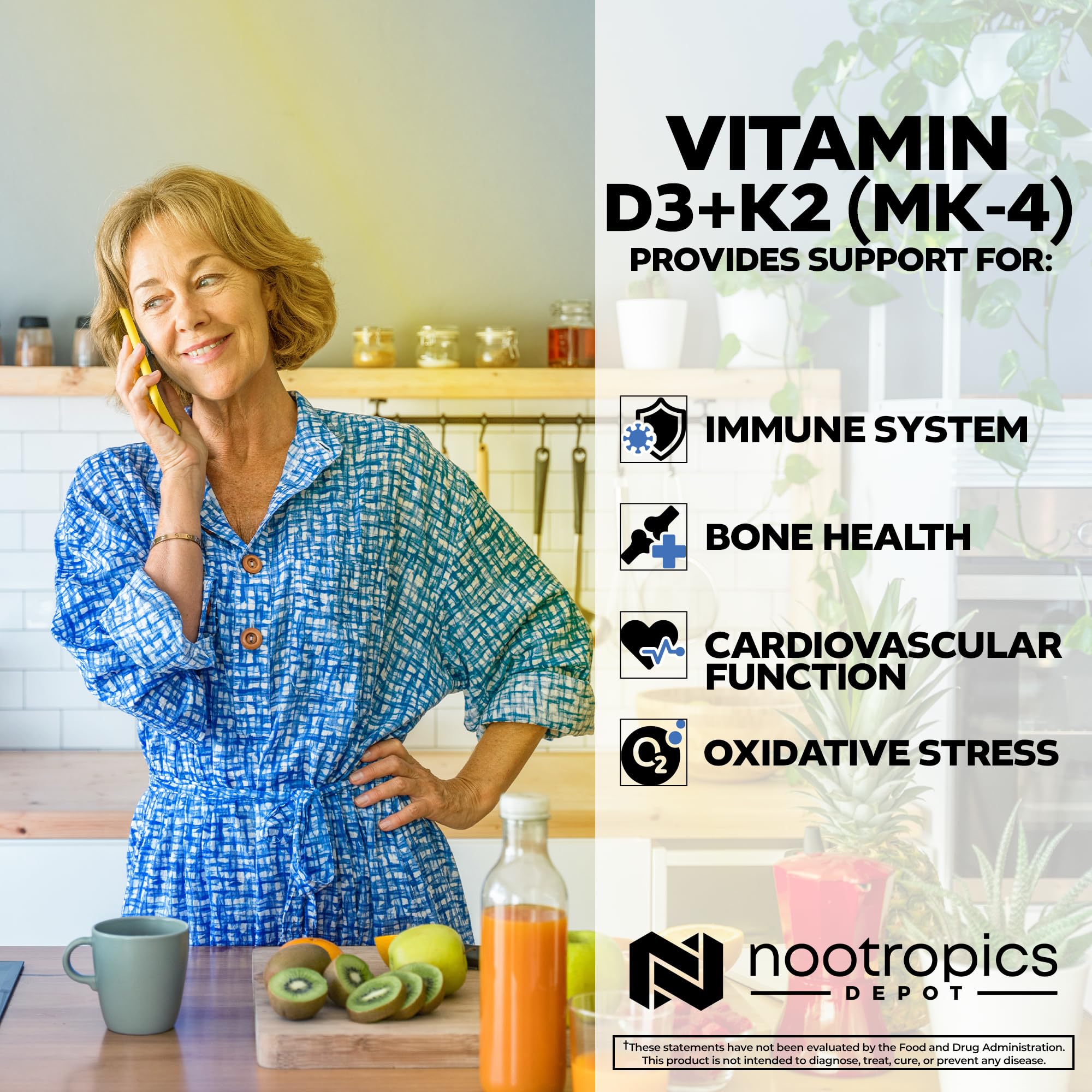 Nootropics Depot Vitamin D3 K2 label close-up showing ingredients for informed use