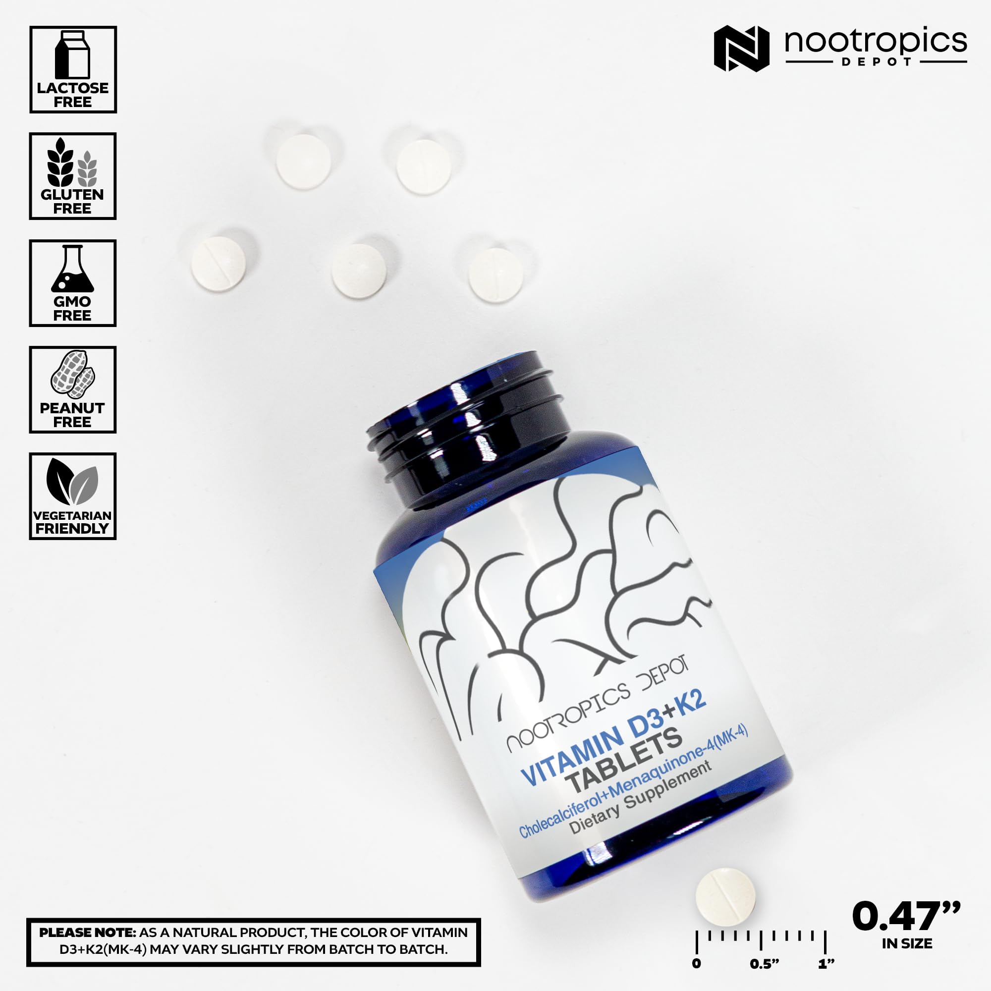 Nootropics Depot Vitamin D3 K2 tablets close-up for bone health support