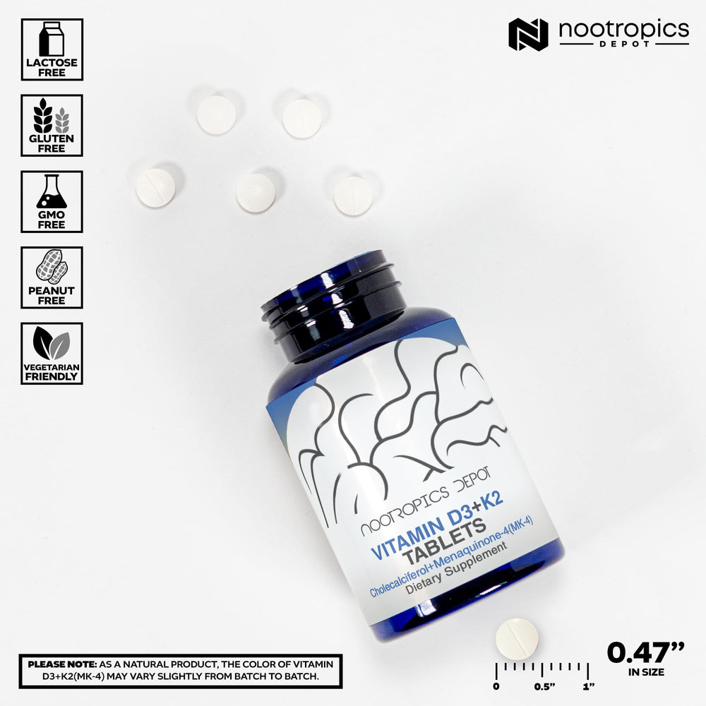 Nootropics Depot Vitamin D3 K2 tablets close-up for bone health support