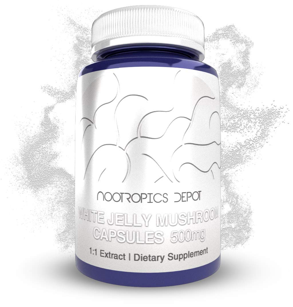 Nootropics Depot White Jelly Mushroom bottle with 500mg capsules for daily focus.