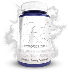 Nootropics Depot White Jelly Mushroom bottle with 500mg capsules for daily focus.