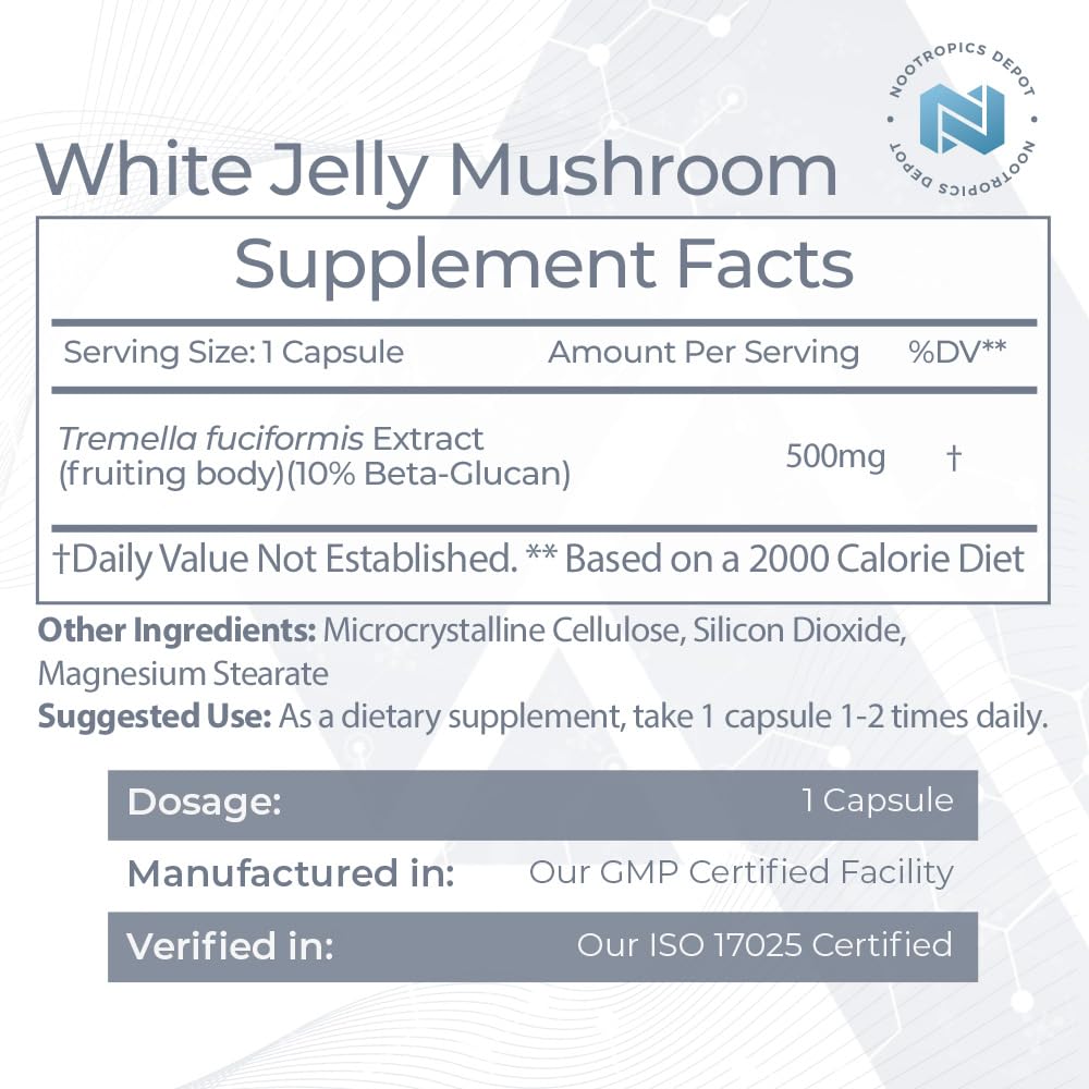 Close-up of White Jelly Mushroom capsules highlighting Tremella fuciformis extract for clarity.
