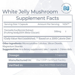 Close-up of White Jelly Mushroom capsules highlighting Tremella fuciformis extract for clarity.