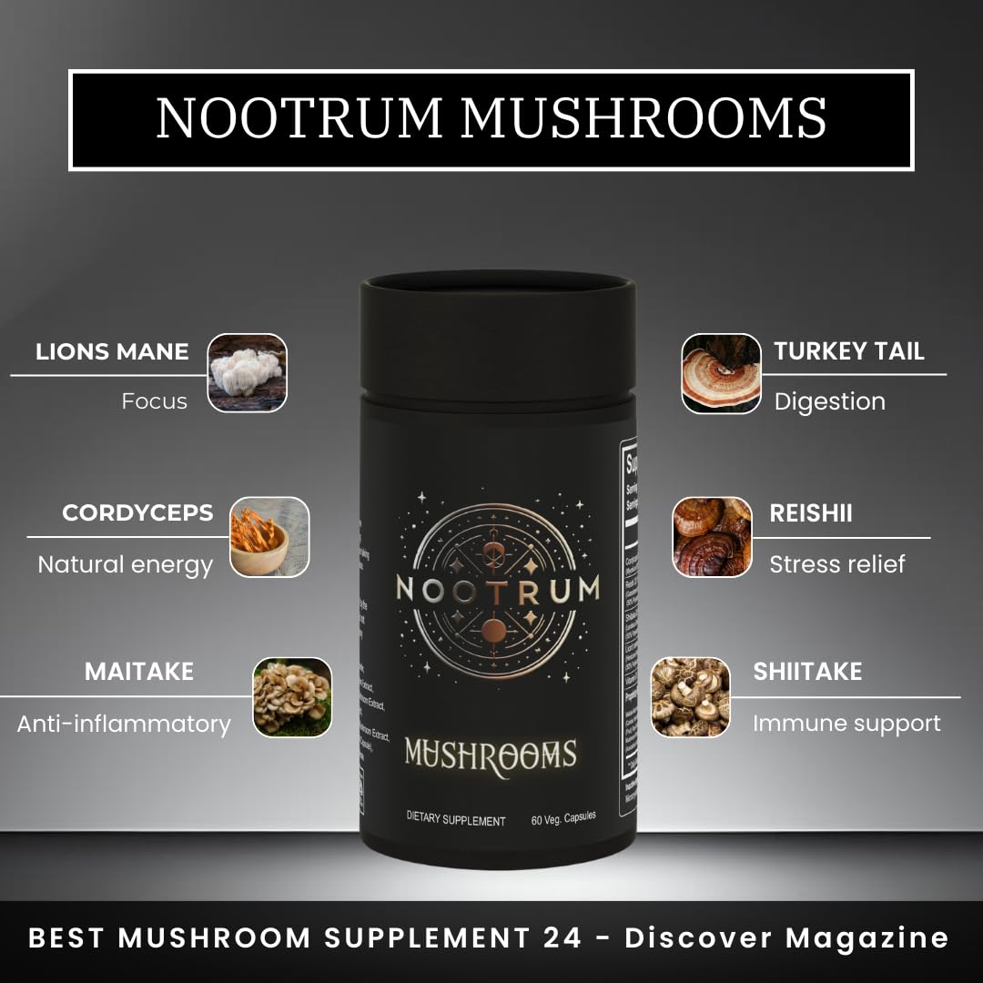 Nootrum Mushrooms bottle open pour for easy daily supplementation.