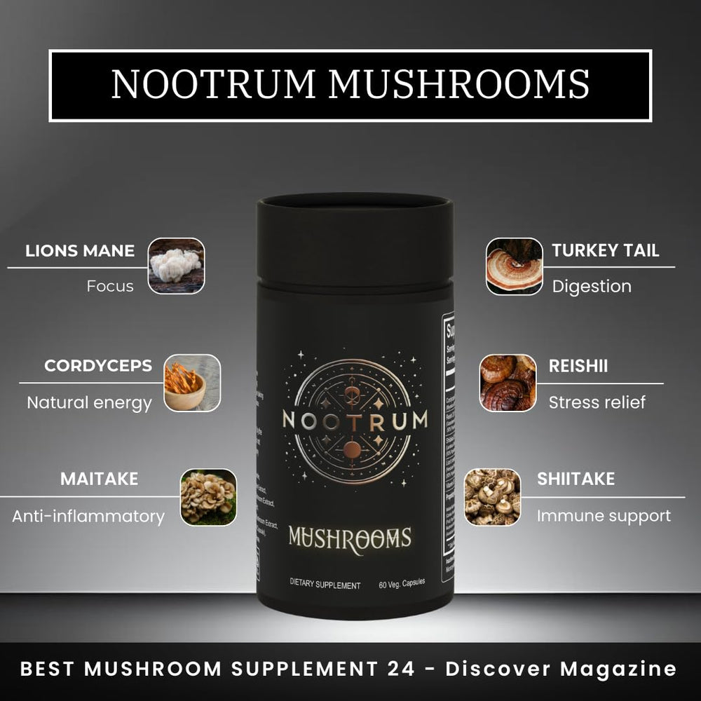Nootrum Mushrooms bottle open pour for easy daily supplementation.