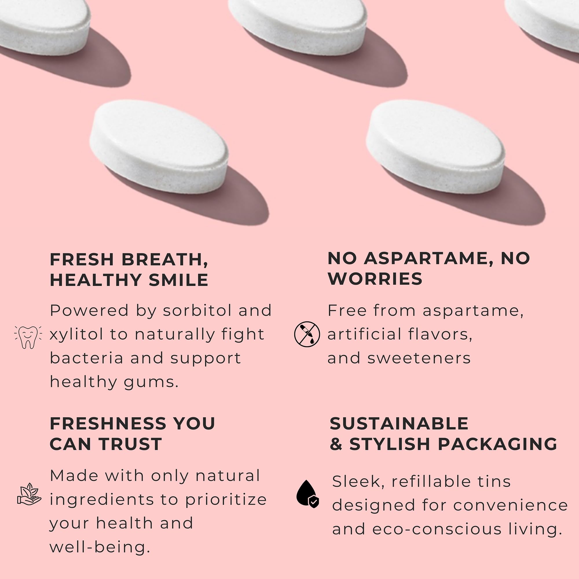NOOZ Better Smile Mints dispensing action illustrates on-the-go oral care.