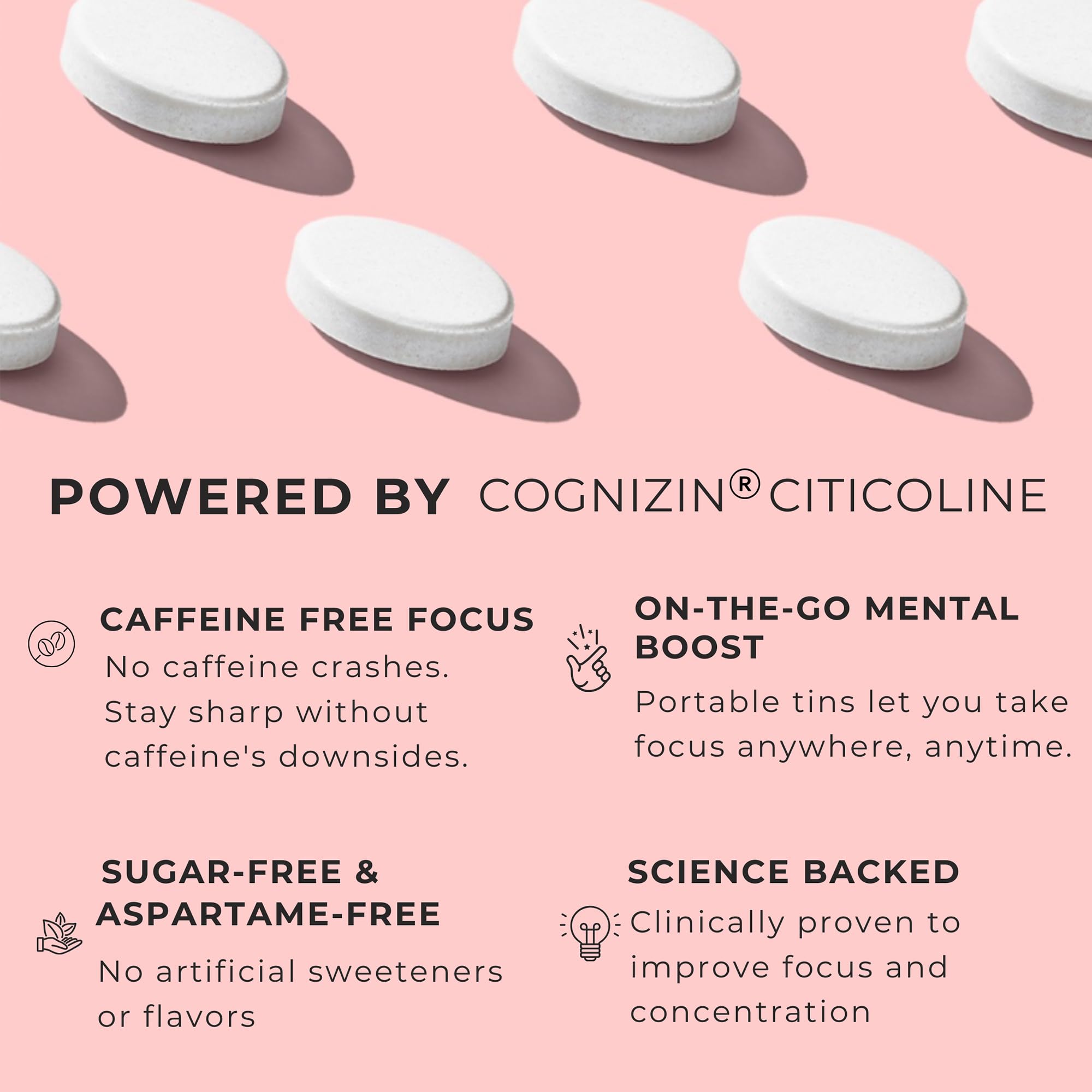 NOOZ Focus Mints with Cognizin Citicoline for clearer attention and focus.
