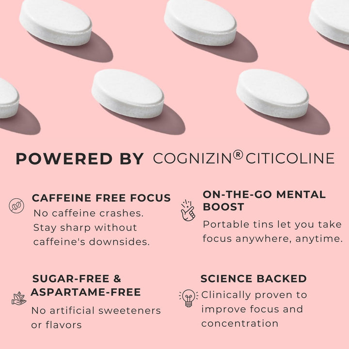 NOOZ Focus Mints with Cognizin Citicoline for clearer attention and focus.
