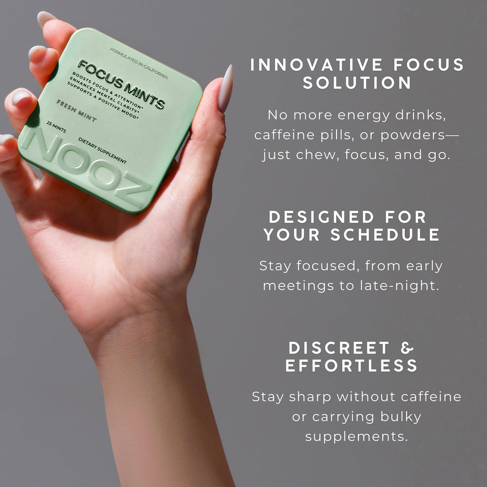 NOOZ Focus Mints on-the-go pack showing 150 mints for travel-friendly use.