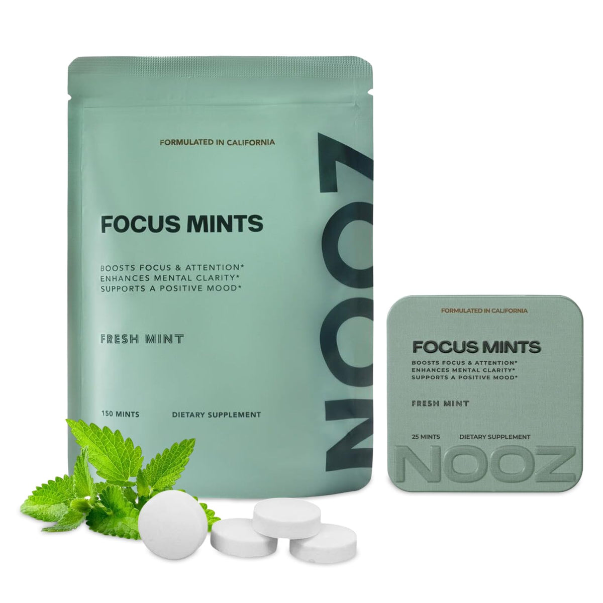 NOOZ Focus Mints refill tin for portable brain-boosting support on the go.