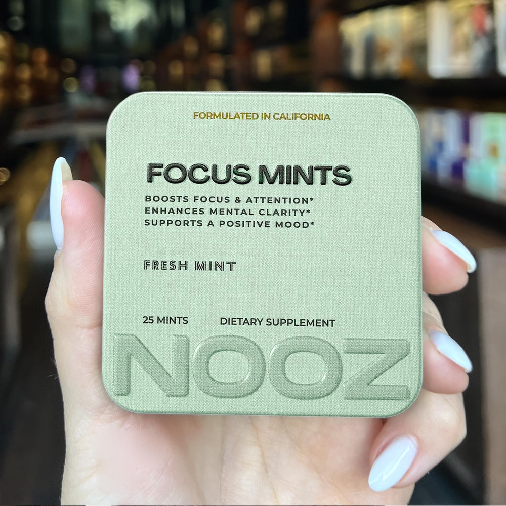 NOOZ Focus Mints sugar-free formulation for mindful snacking.