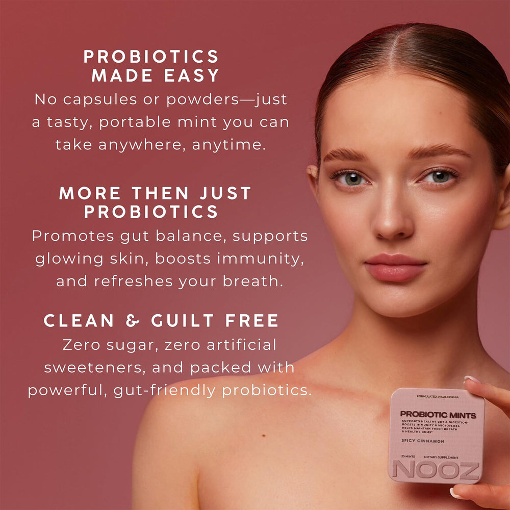 NOOZ on desk with mints promoting daily oral and gut wellness.