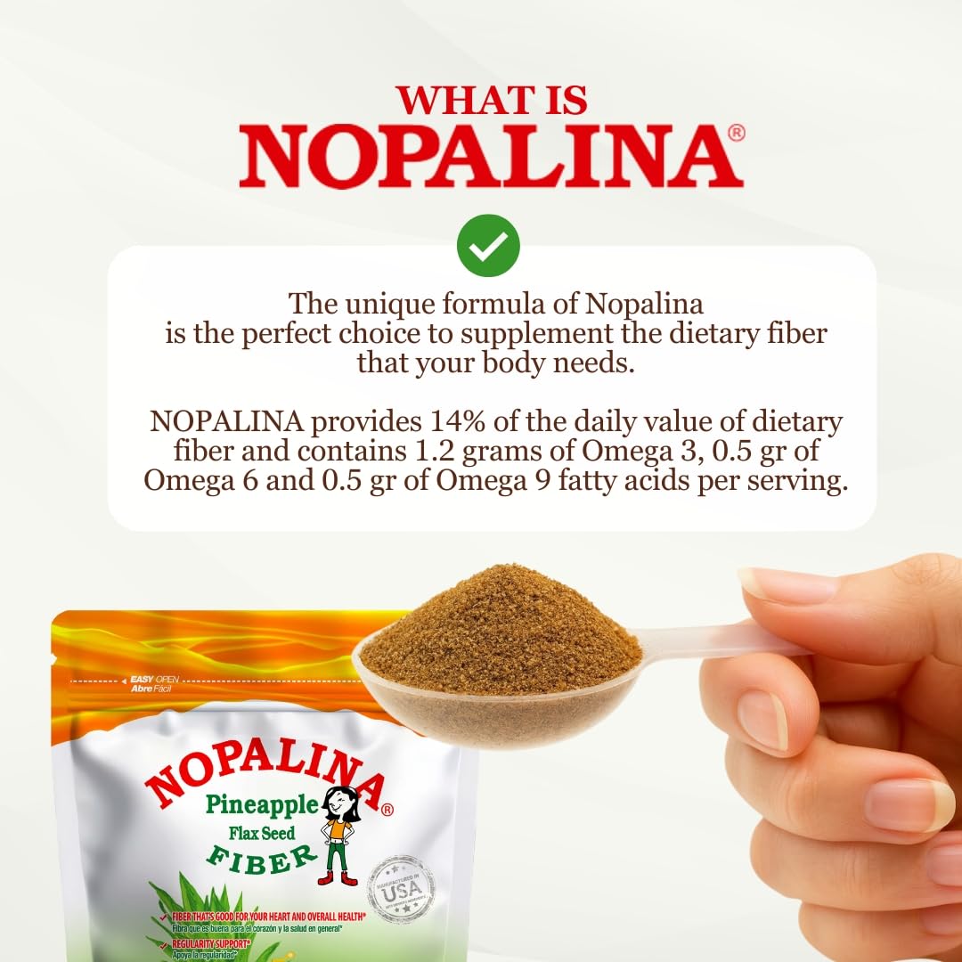 Nopalina ingredients list highlights flaxseed and psyllium components.
