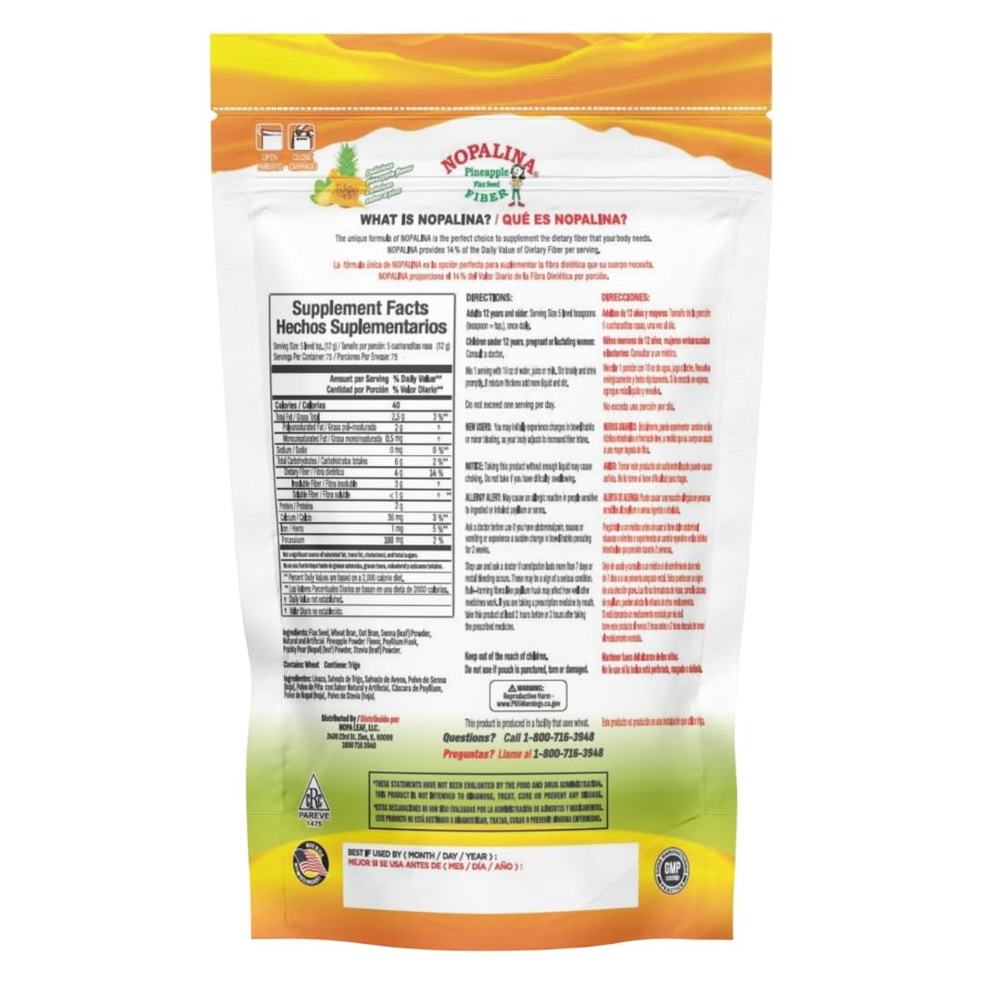 Nopalina pineapple label closeup showing natural ingredients for the fiber blend.