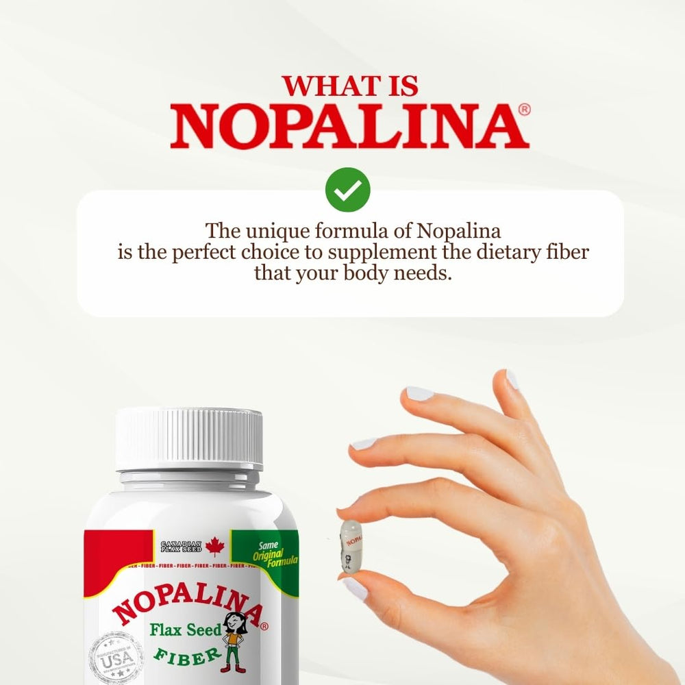 Nopalina Flax Seed Plus Capsules nutrition facts panel visible communicates fiber and omega content.