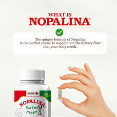Nopalina Flax Seed Plus Capsules nutrition facts panel visible communicates fiber and omega content.