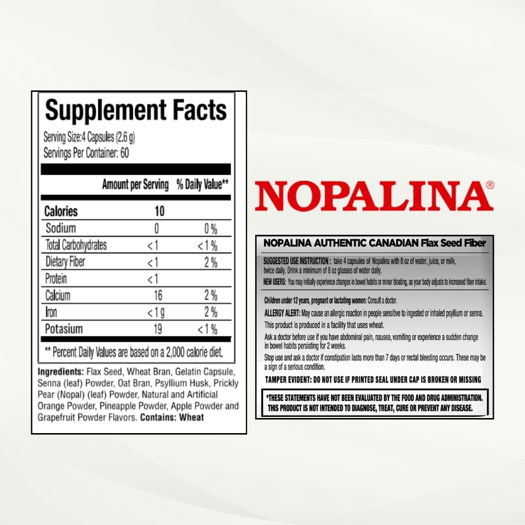 Nopalina Flax Seed Plus Capsules compact bottle ideal for travel.