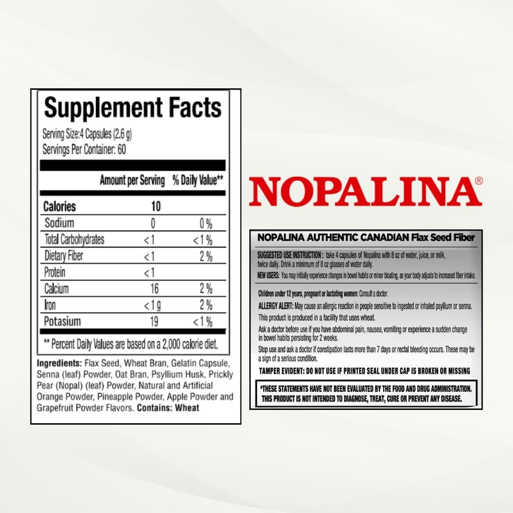 Nopalina Flax Seed Plus Capsules compact bottle ideal for travel.