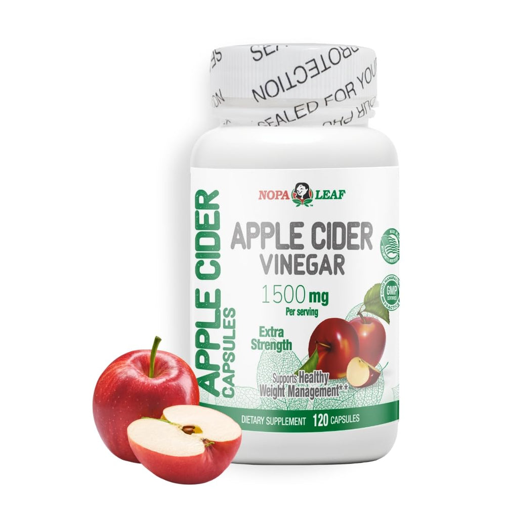 Nopalina NOPA Leaf Apple Cider Vinegar Capsules bottle highlights 1500 mg per serving for daily wellness.
