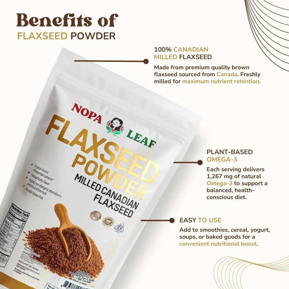 Nopalina Nopa flaxseed powder bag with scoop for easy smoothie add-ins.
