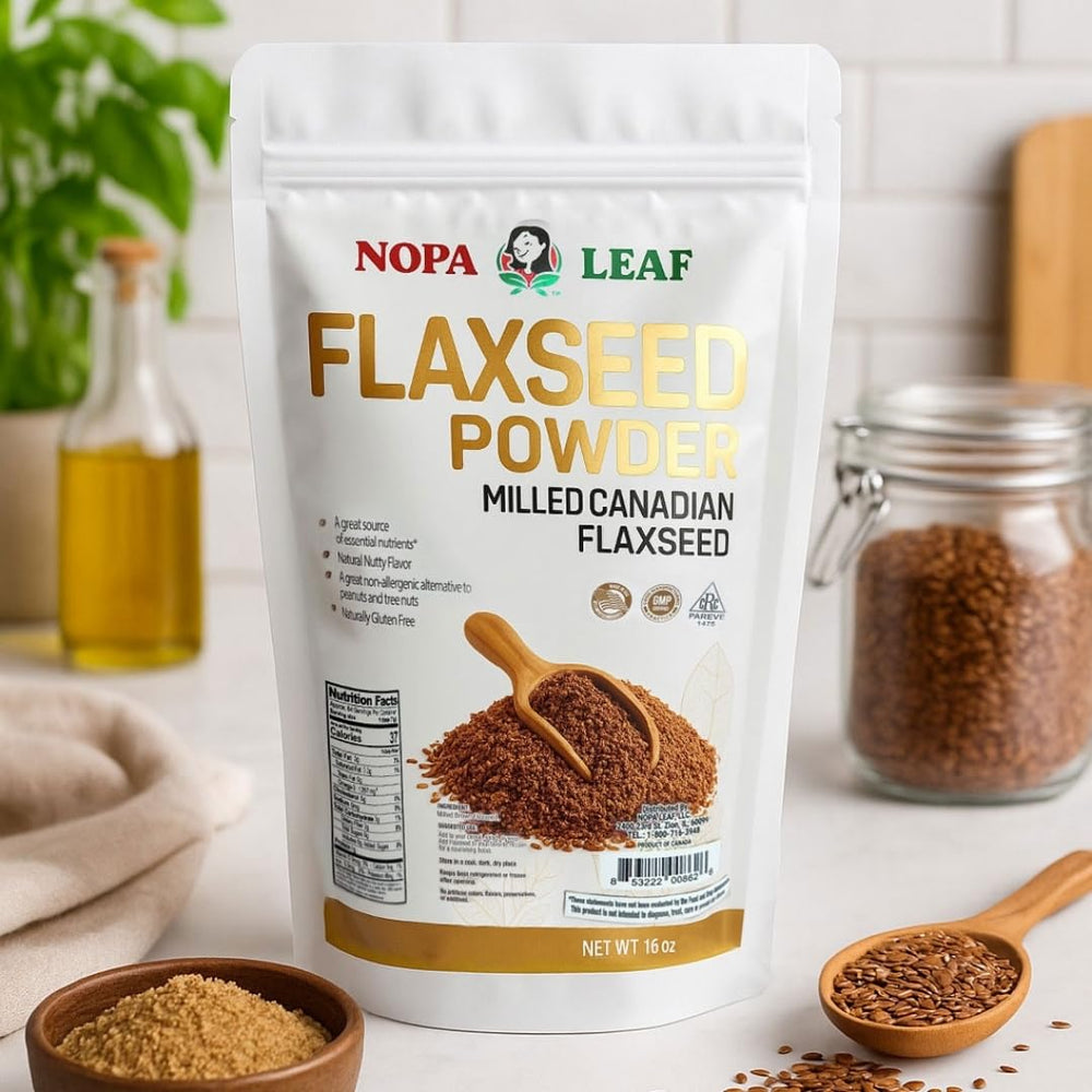 Nopalina Nopa flaxseed powder displayed with baking dish for nutritious meals.