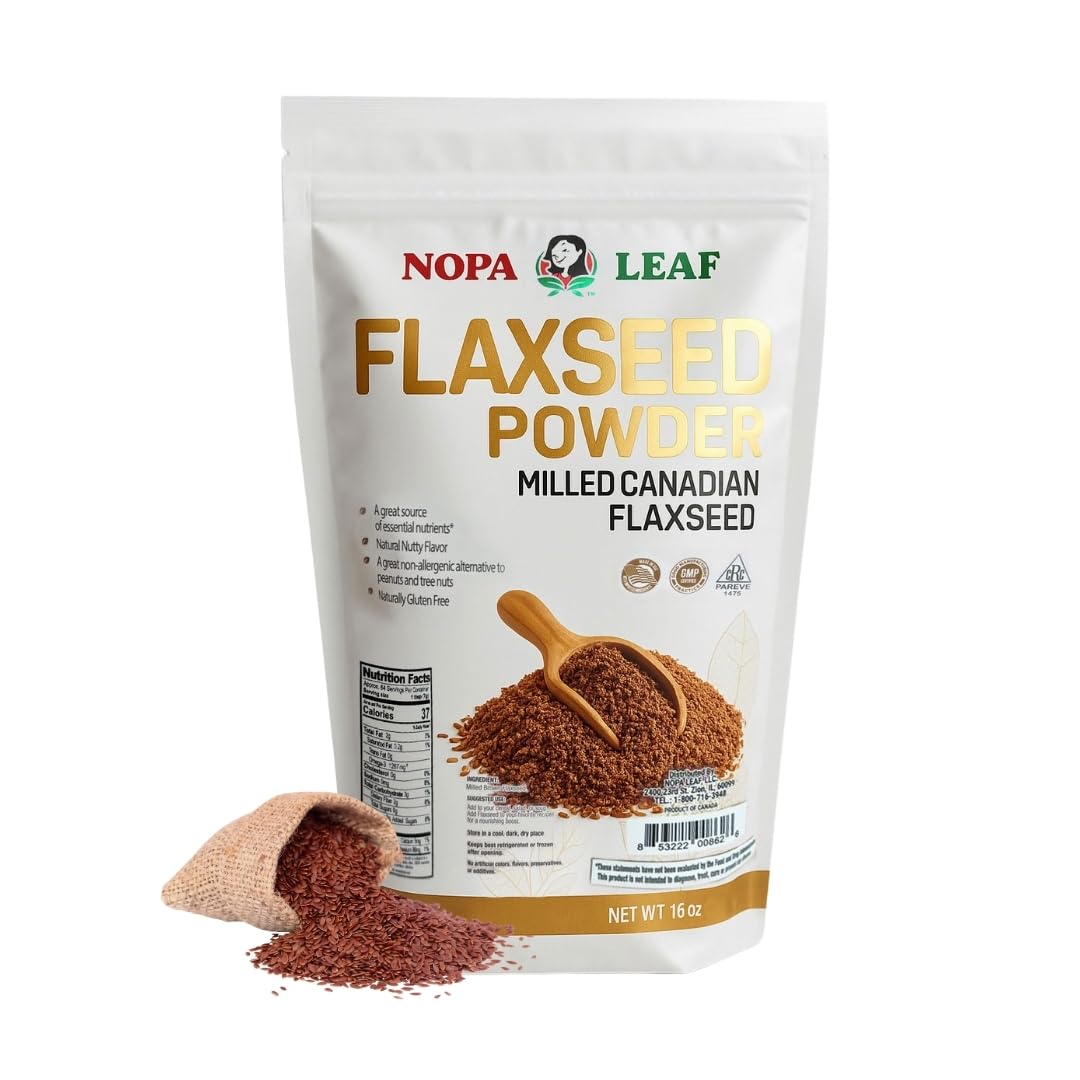 Nopalina Nopa flaxseed powder canister highlights gluten-free, omega-3 nutrition.