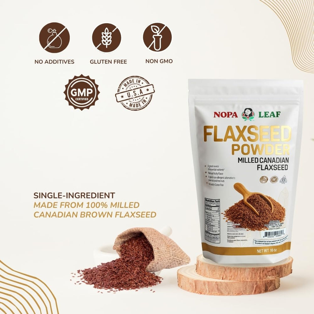 Nopalina Nopa flaxseed powder on spoon above bowl for cereals.