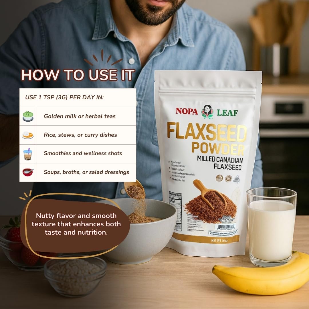 Nopalina Nopa flaxseed powder in a glass smoothie showing convenient use.