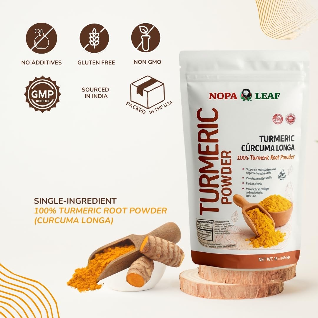 Nopalina NOPA Leaf Turmeric Powder close-up, vibrant ground root for bright flavors.