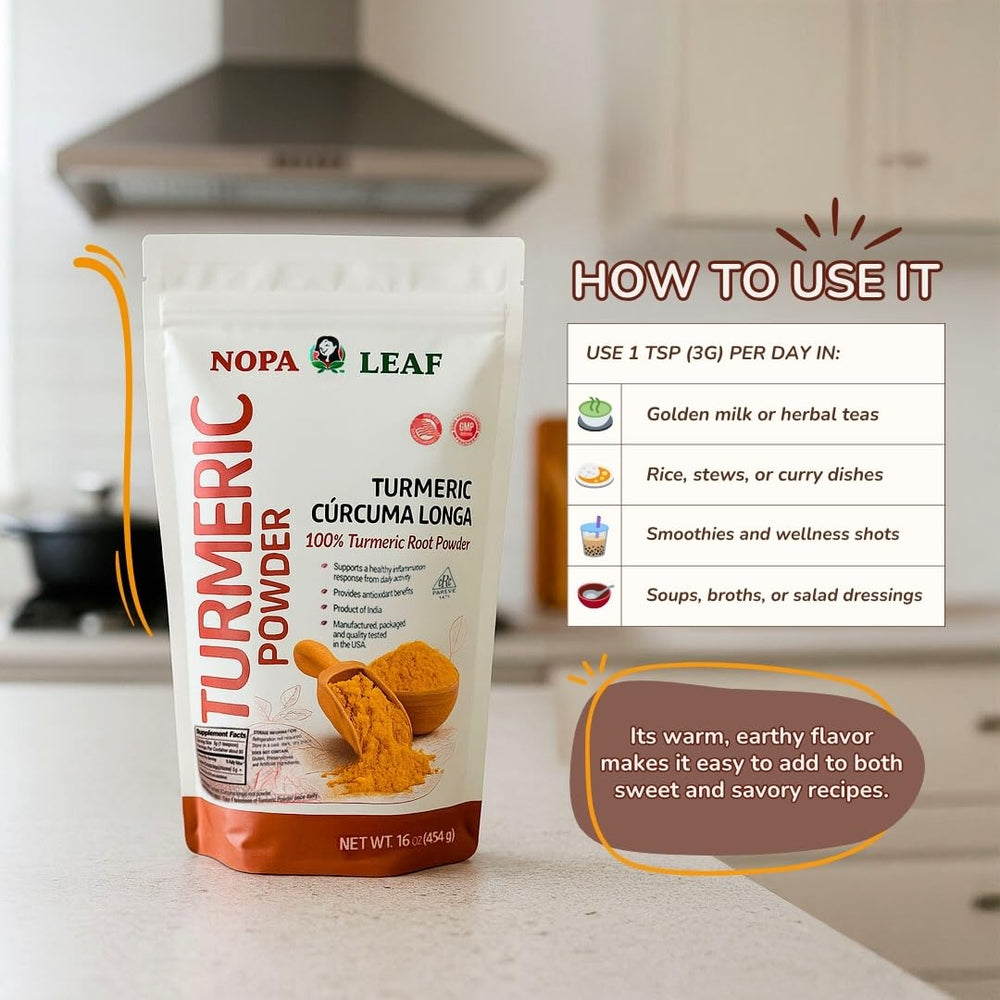 Nopalina NOPA Leaf Turmeric Powder label, free from artificial colors or additives.