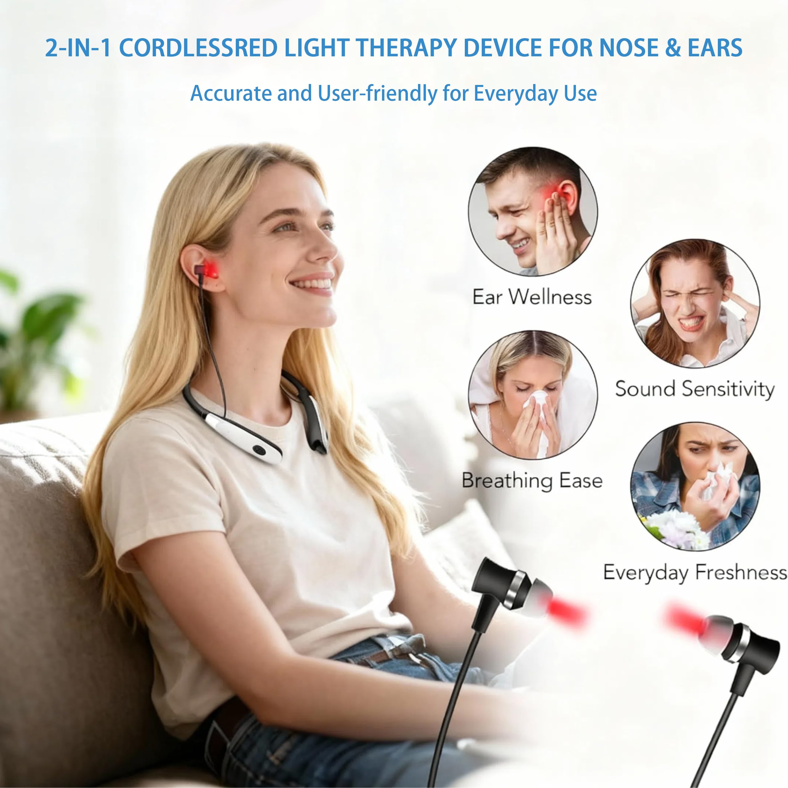 Nopuee neckband setup shown for hands-free therapy on the go.