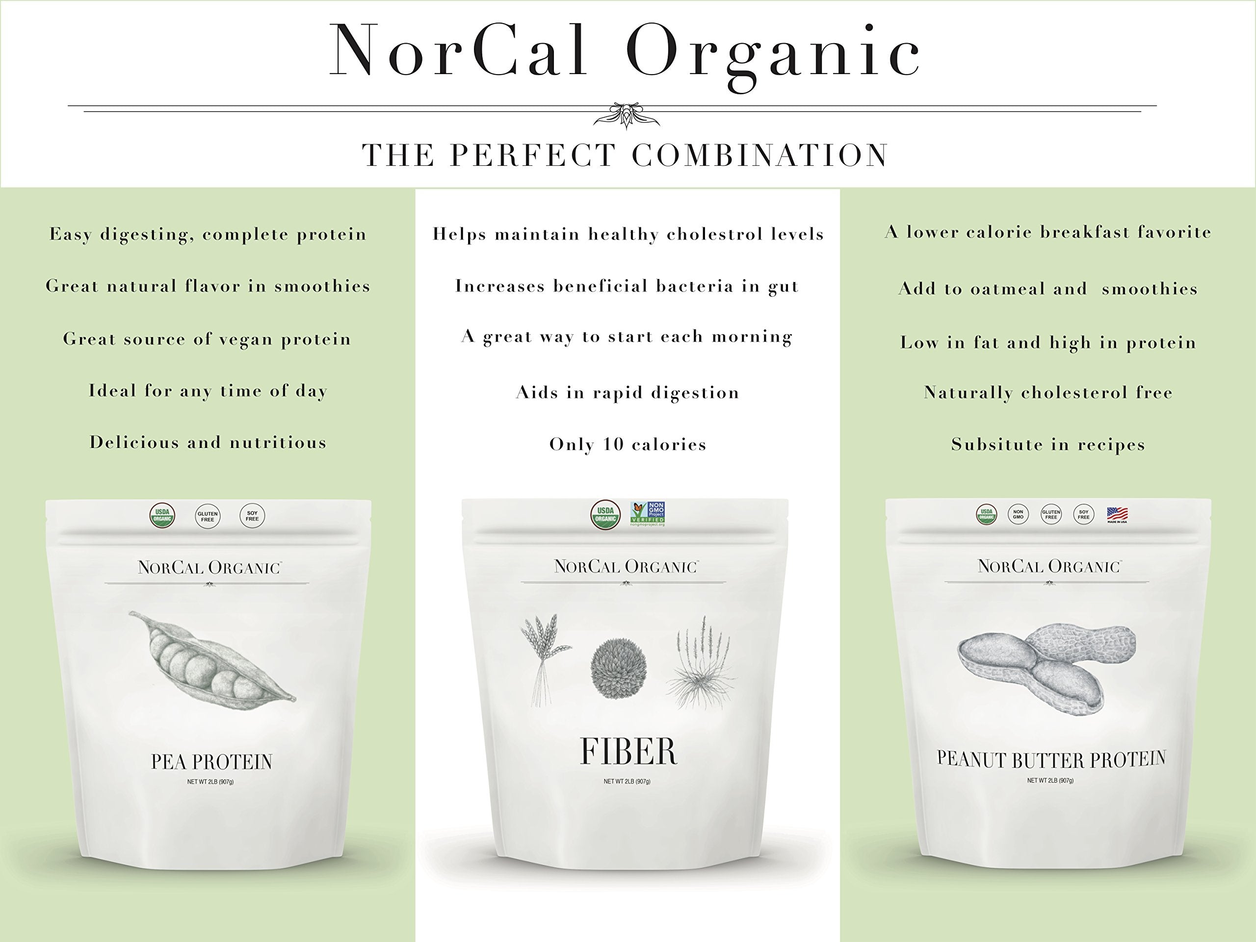 NorCal Organic vegan label emphasizes clean ingredients and allergen-free protein.