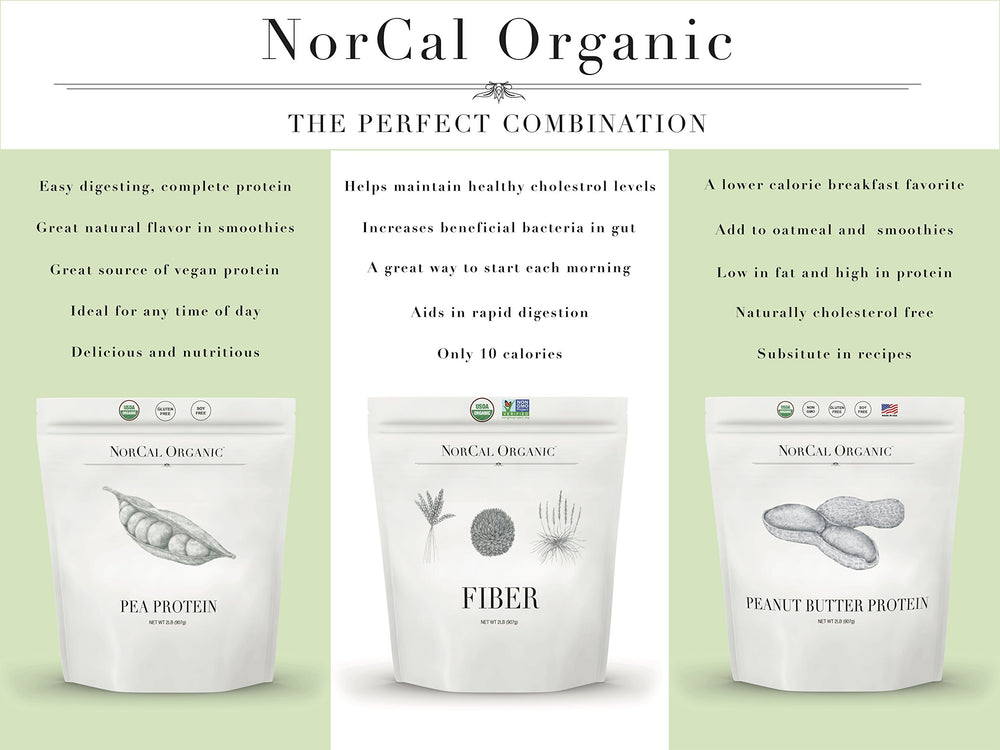 NorCal Organic vegan label emphasizes clean ingredients and allergen-free protein.