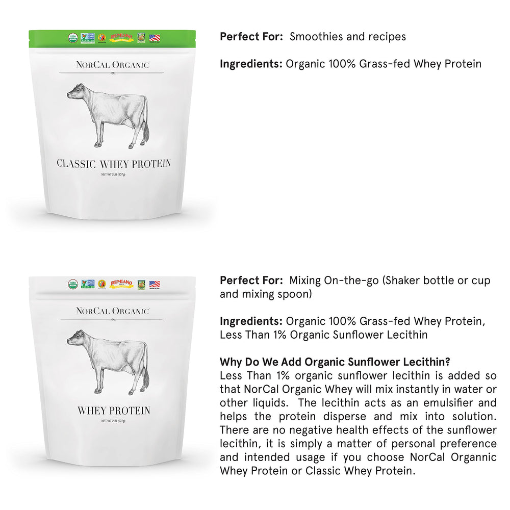 NorCal Organic Whey Protein no added sugars label highlights purity