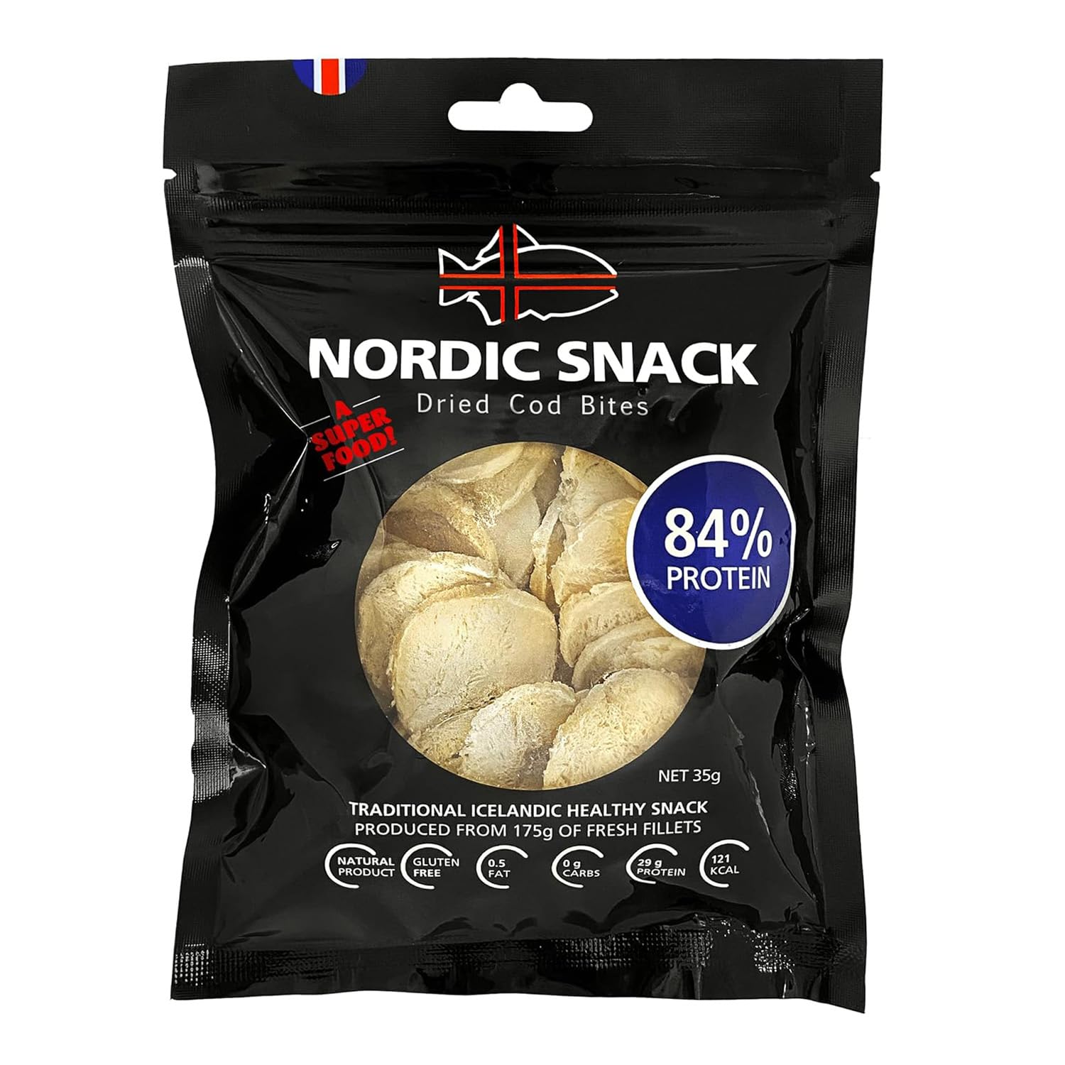 Nordic Catch Cod Bites bag on shelf, high-protein on-the-go snack.