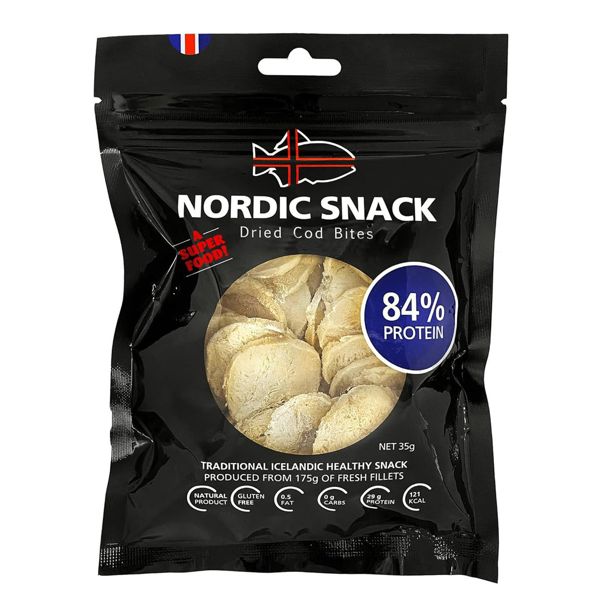Nordic Catch Cod Bites bag on shelf, high-protein on-the-go snack.