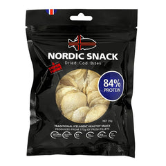 Nordic Catch Cod Bites bag on shelf, high-protein on-the-go snack.