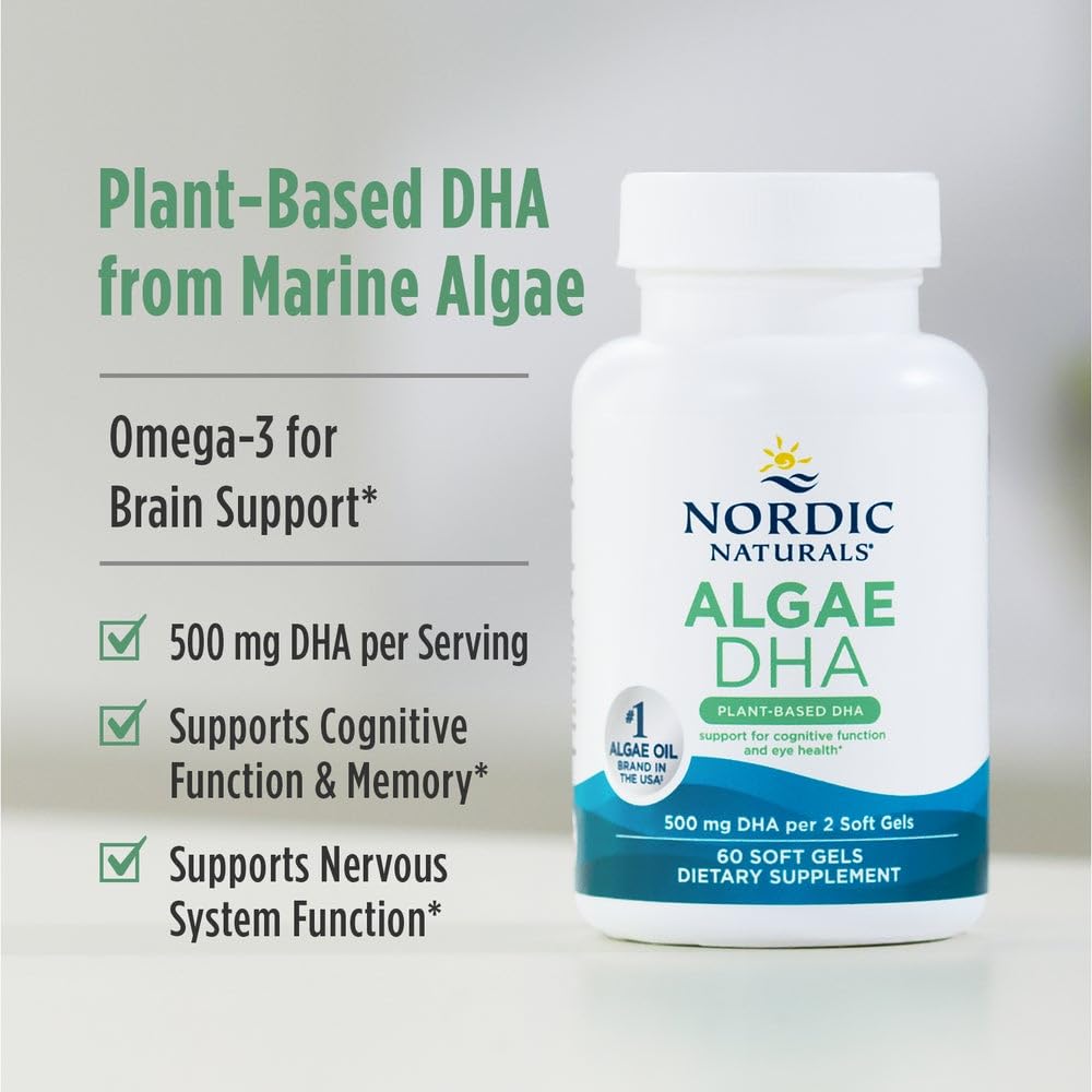 Nordic Naturals Algae DHA gluten-dairy-free packaging, suitable for sensitive diets.