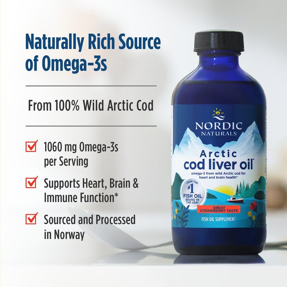 Nordic Naturals Arctic Cod Liver Oil strawberry non-GMO badge on packaging
