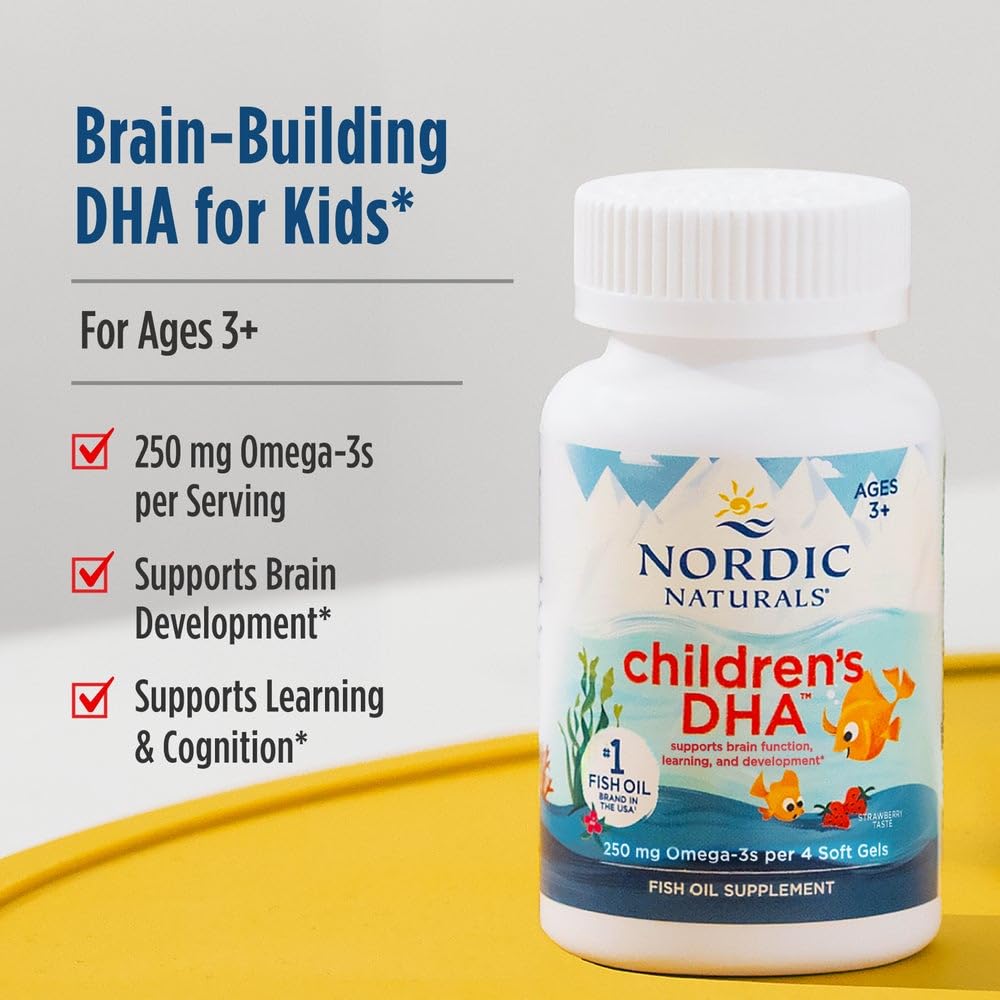 Nordic Naturals Children's DHA bottle label highlights serving size for daily use