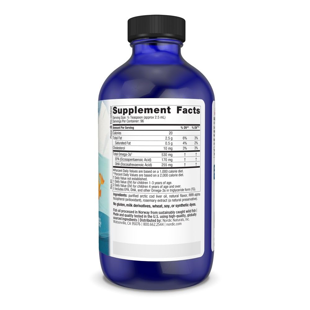 Nordic Naturals Children’s DHA orange bottle pour shows easy daily dosing for kids.