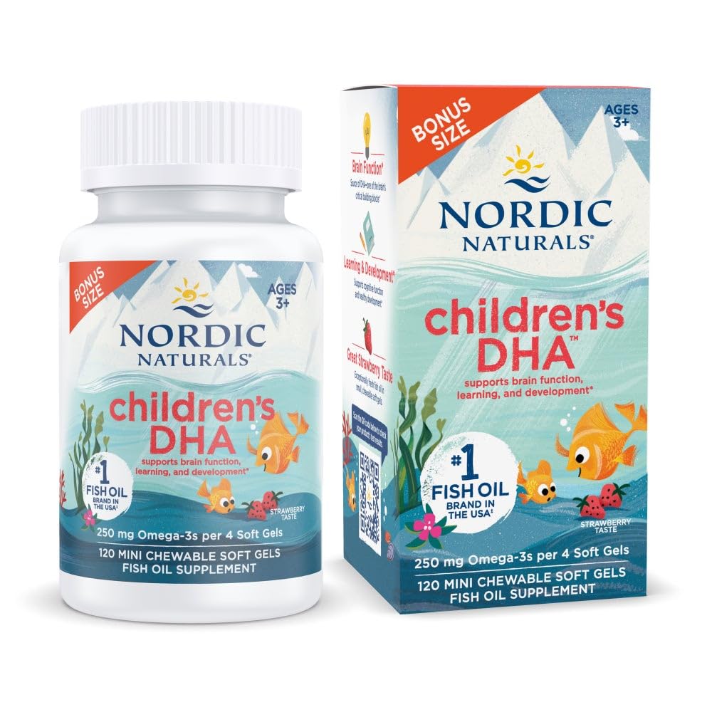 Nordic Naturals Children's DHA strawberry bottle shows kid friendly omega-3 option for daily routines
