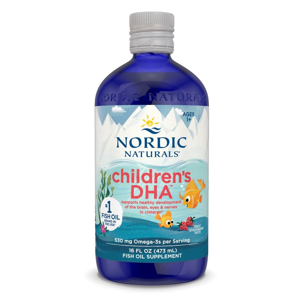 Nordic Naturals Children's DHA bottle with strawberry flavor supports healthy brain development.