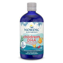 Nordic Naturals Children's DHA bottle with strawberry flavor supports healthy brain development.