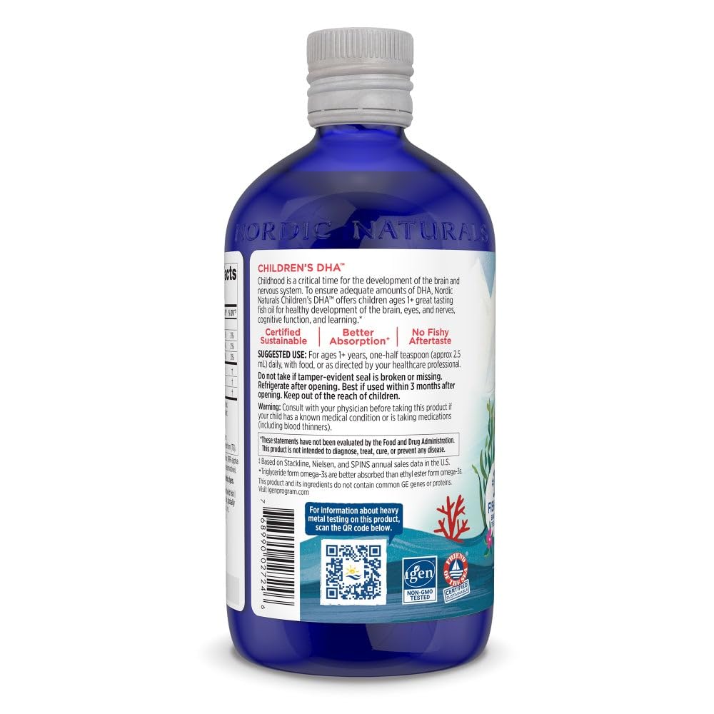 Nordic Naturals Children's DHA label close-up highlights purity and non-GMO formula.