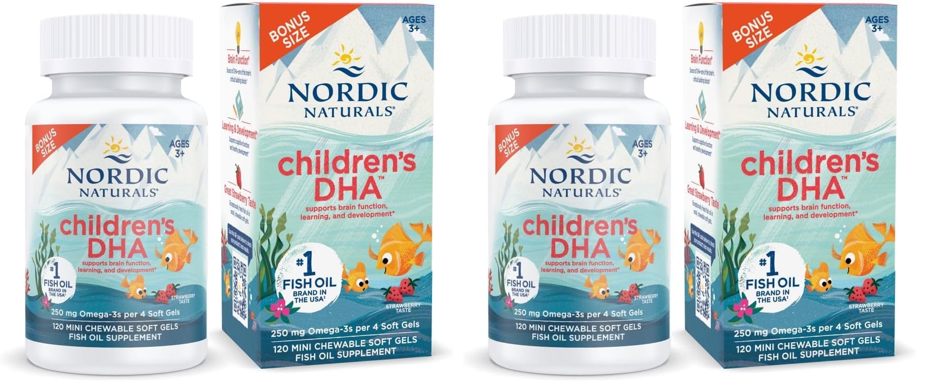 Nordic Naturals Children's DHA Strawberry bottle front showing kid-friendly omega-3 packaging for daily use.