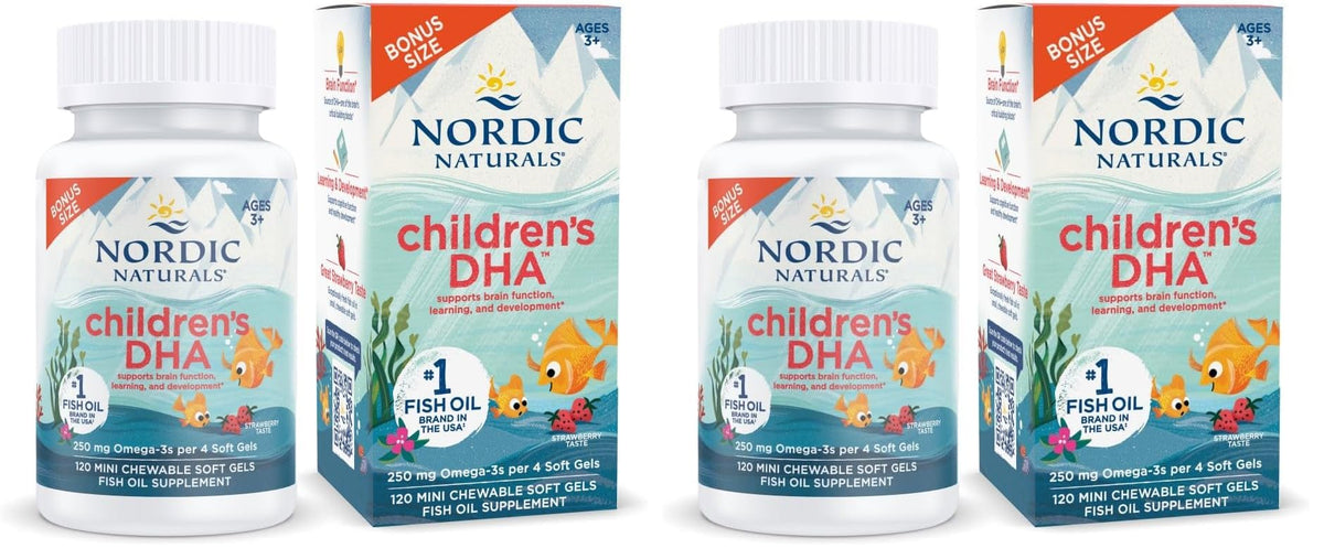 Nordic Naturals Children's DHA Strawberry bottle front showing kid-friendly omega-3 packaging for daily use.